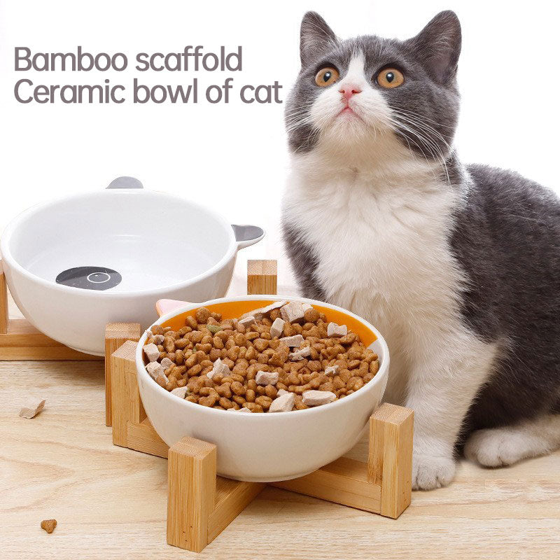 Ceramic Pet Bowl with Bamboo Stand – Raised Dog & Cat Bowl